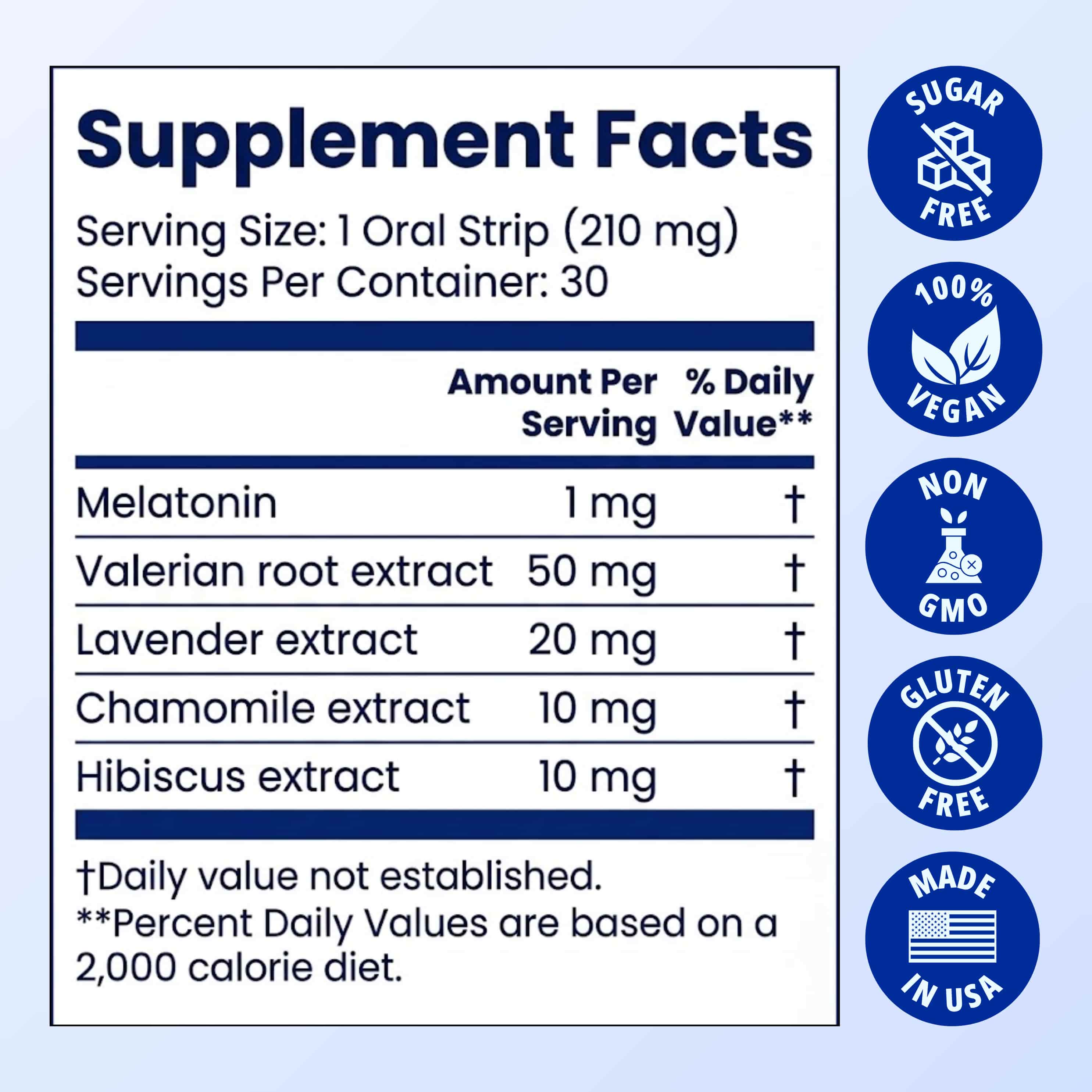 Supplement Facts label for an oral strip listing ingredients like melatonin alongside icons for being vegan and gluten-free.