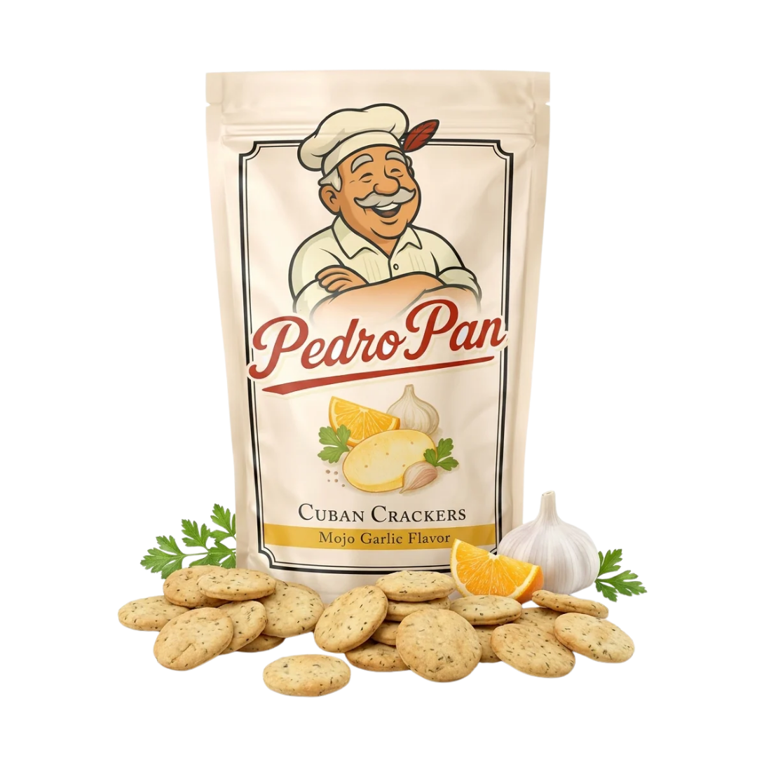 A bag of Pedro Pan Mojo Garlic Cuban Crackers with crackers, garlic, and orange slices displayed.