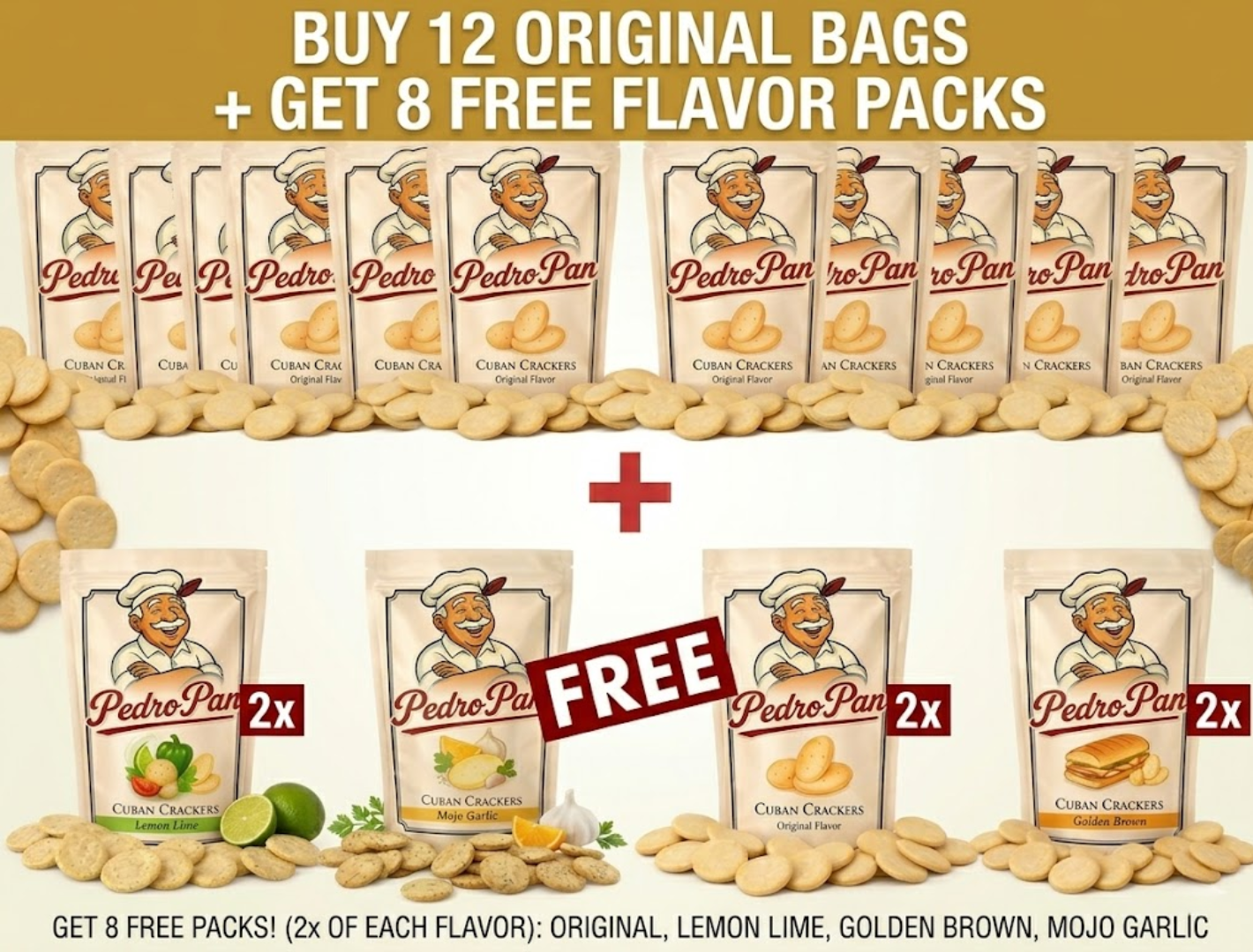 Promotional image for Pedro Pan Cuban Crackers detailing a special offer to buy 12 bags and get 8 free.