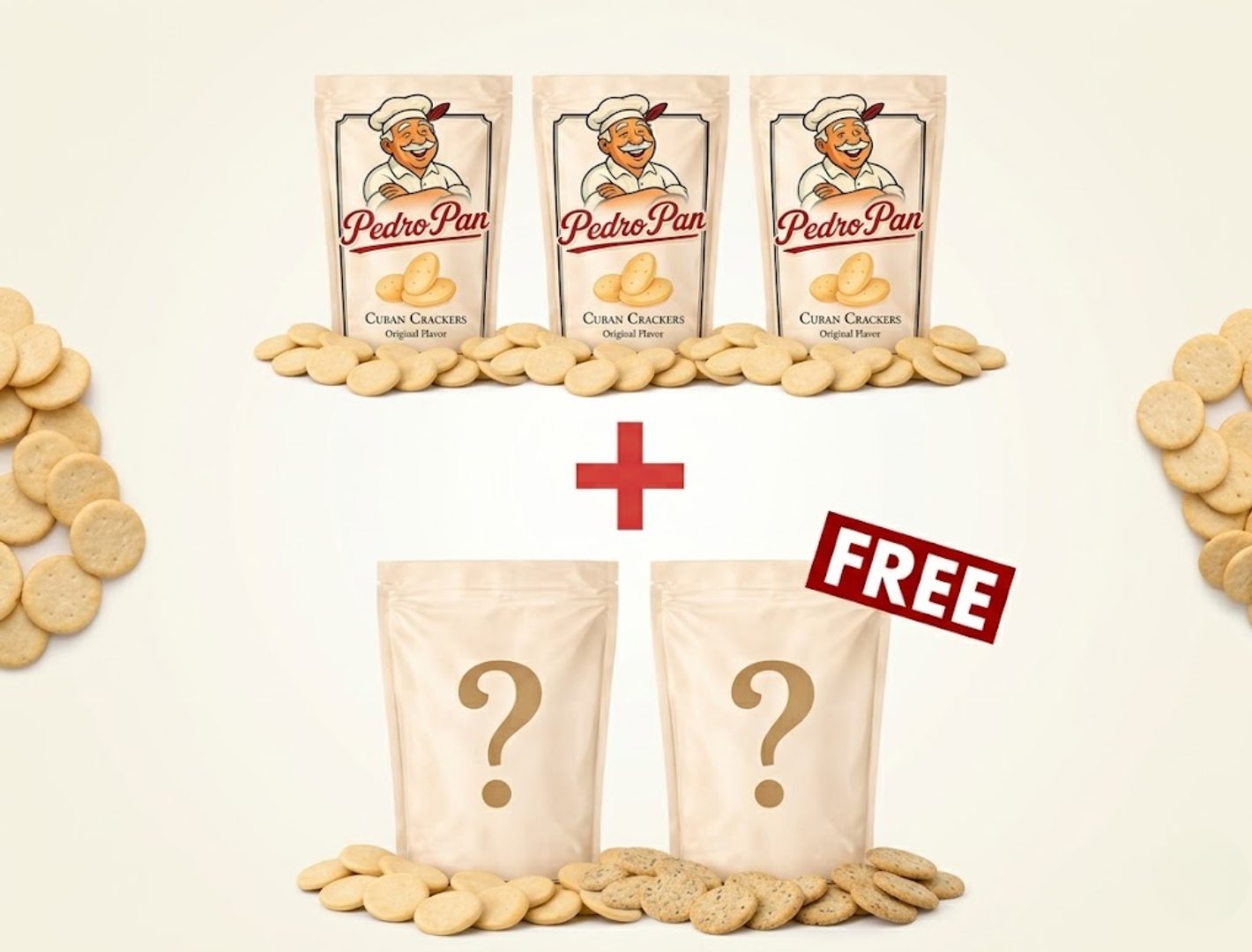 An advertisement showing three bags of Pedro Pan crackers plus two free mystery bags.
