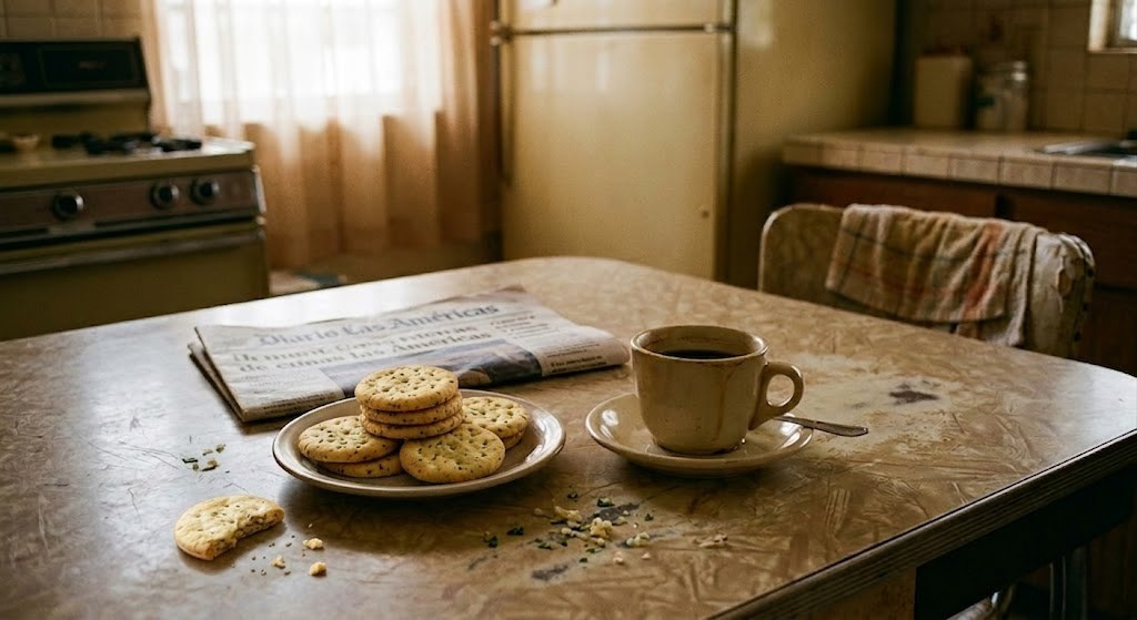 A cup of coffee, a plate of crackers, and a newspaper on a kitchen table.