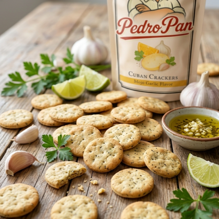 A bag of Pedro Pan Mojo Garlic crackers on a wooden table with garlic cloves, lime, and oil.