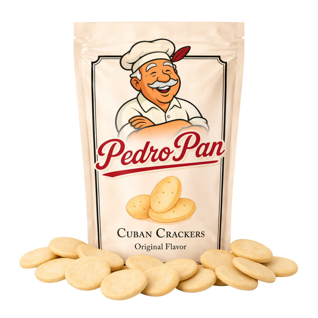 A bag of Pedro Pan Original Flavor Cuban Crackers with crackers scattered in front on a white background.