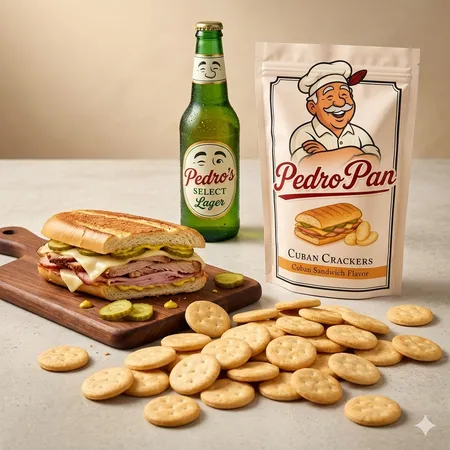 A Cuban sandwich on a cutting board next to a bottle of beer and a bag of crackers.