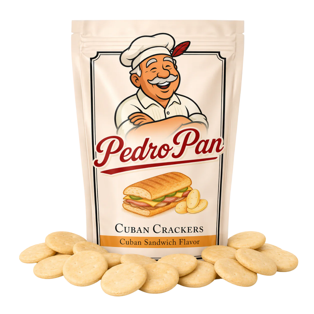 A bag of Pedro Pan Cuban Sandwich Flavor crackers, with a pile of the crackers in front.