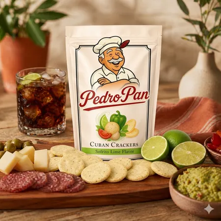 A bag of Pedro Pan Cuban Crackers displayed with appetizers like cheese, salami, crackers, and guacamole.