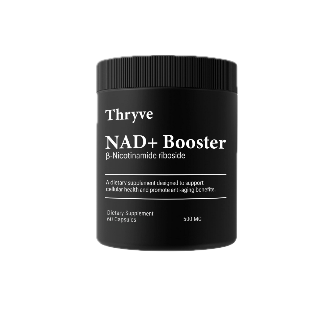 Black container labeled 'Thryve NAD+ Booster' dietary supplement with 60 capsules, 500 MG.