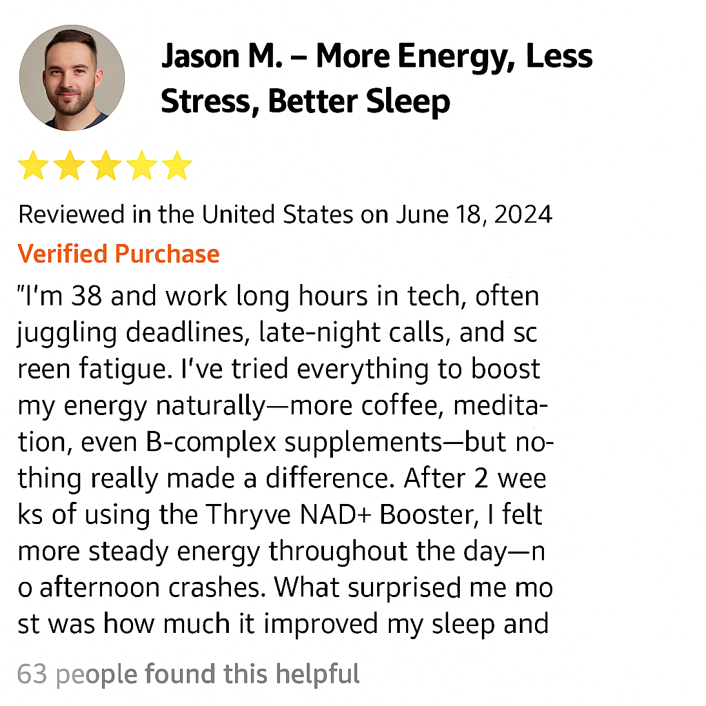Customer review with profile picture, five-star rating, and text about energy supplement benefits.
