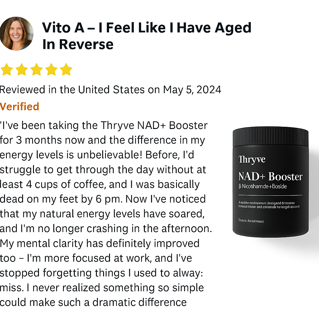 Product review with five stars and a Thryve NAD+ Booster bottle.