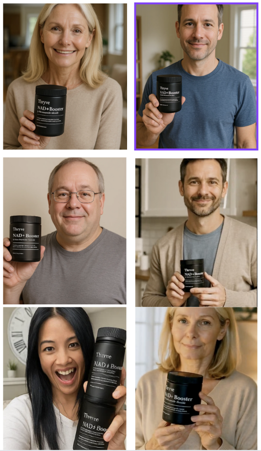 Six people holding Thryve NAD+ Booster containers, smiling at the camera.