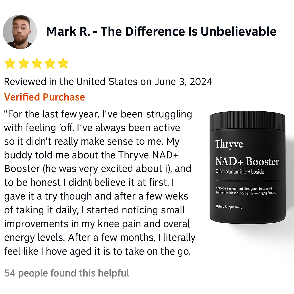 Customer review with five stars and a Thryve NAD+ Booster product image.