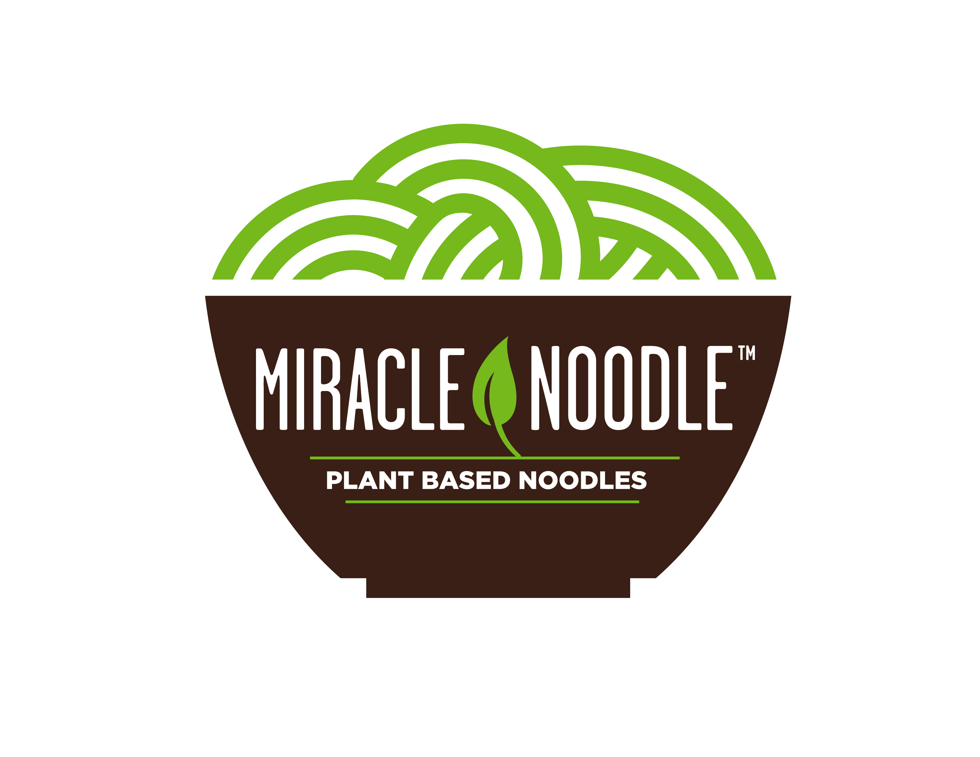 Logo of Miracle Noodle with green noodles in a brown bowl.
