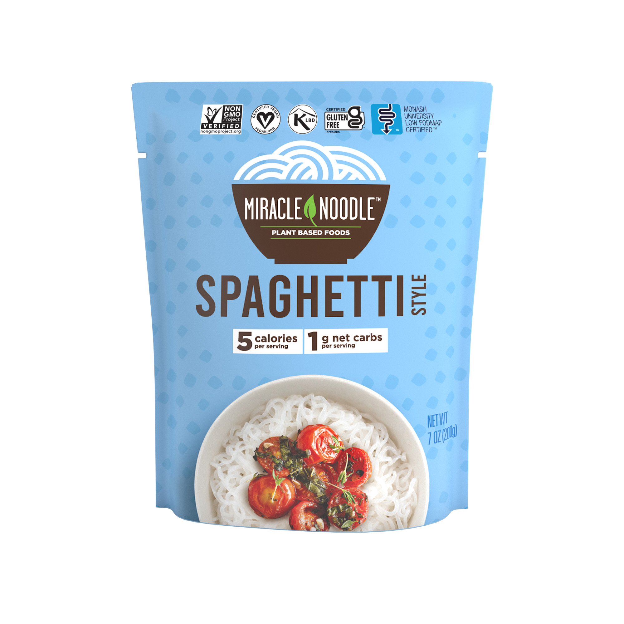 Blue package of Miracle Noodle spaghetti with a bowl of noodles and tomatoes.