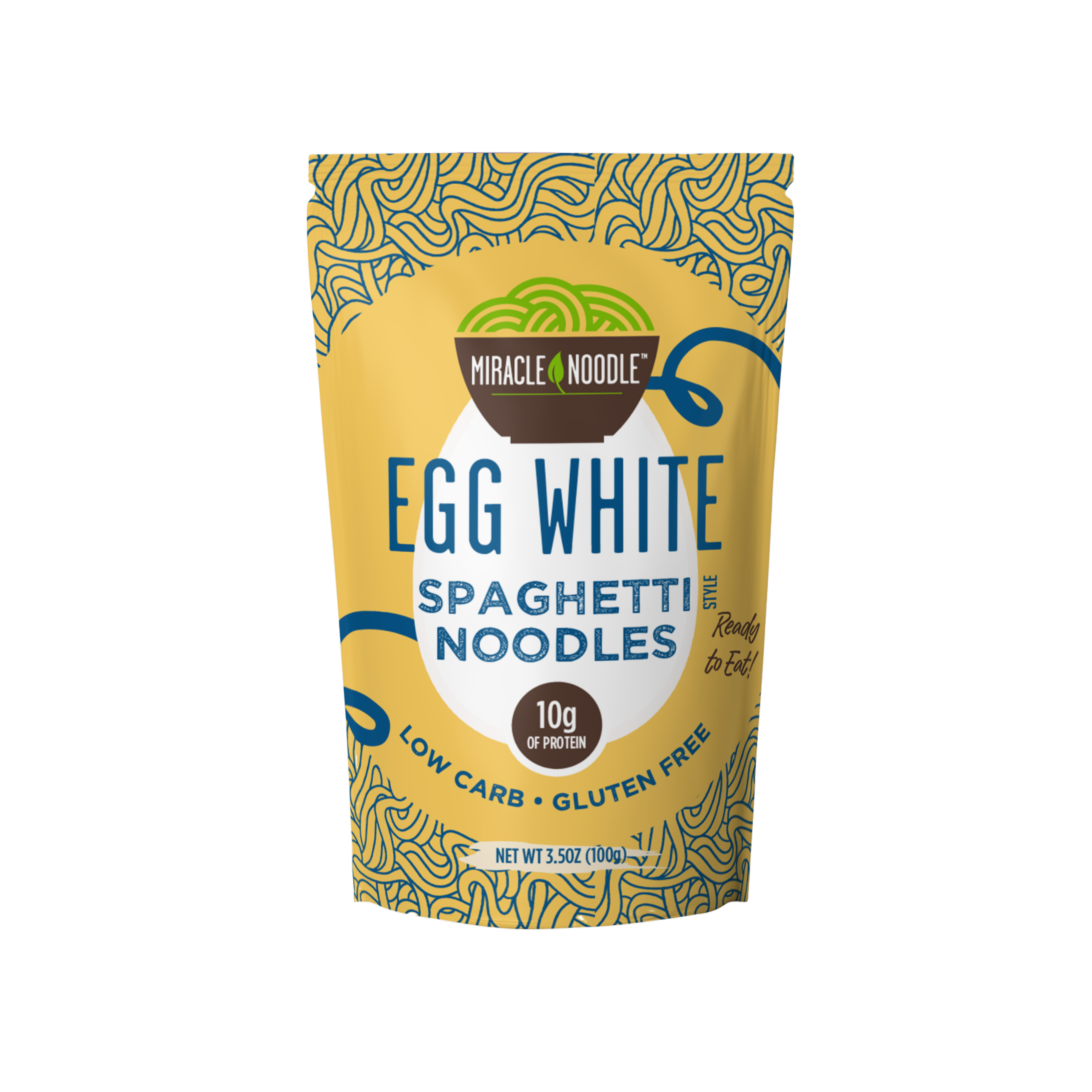 Package of egg white spaghetti noodles with decorative design.