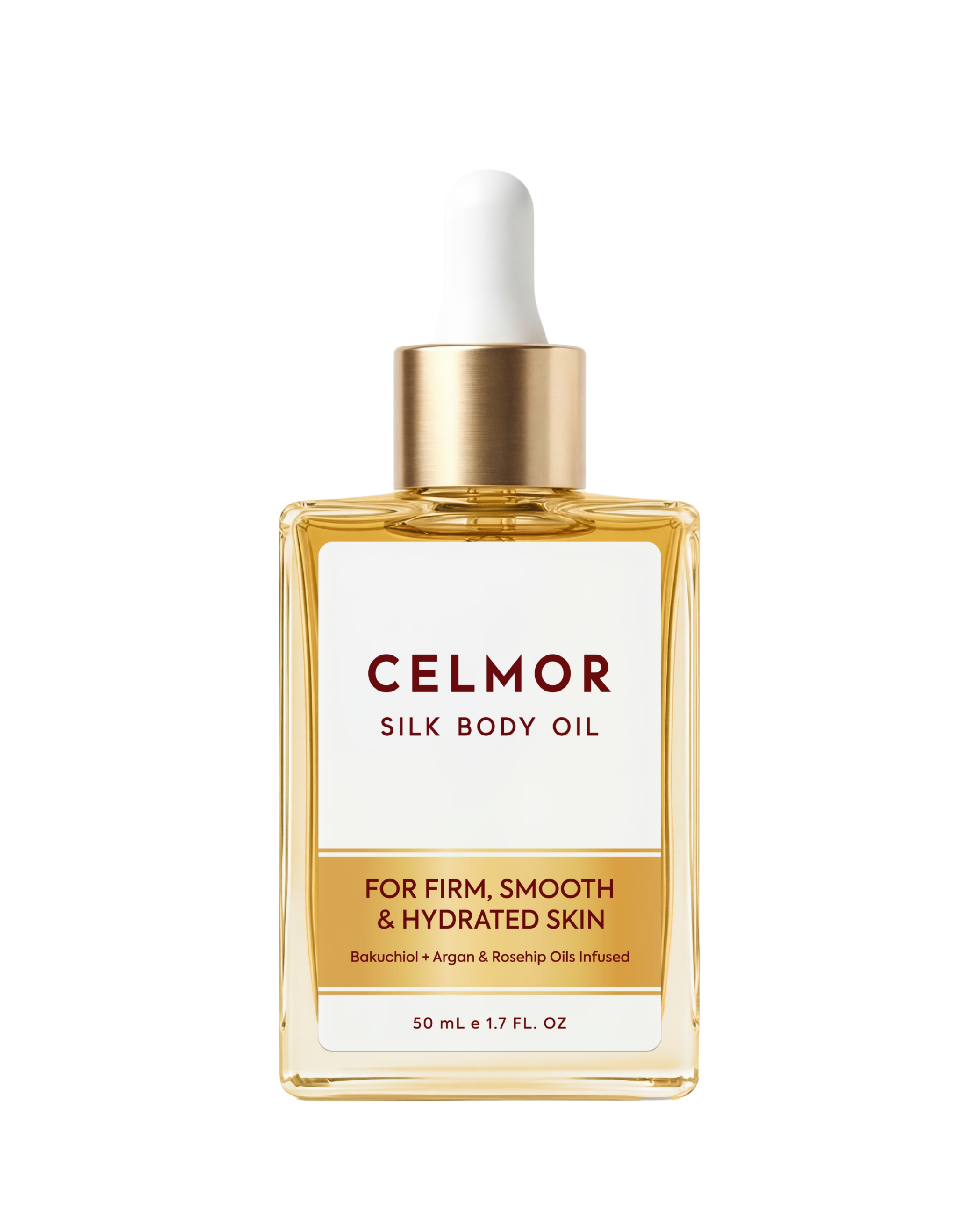 A square glass bottle of Celmor Silk Body Oil with a gold dropper cap against a white background.