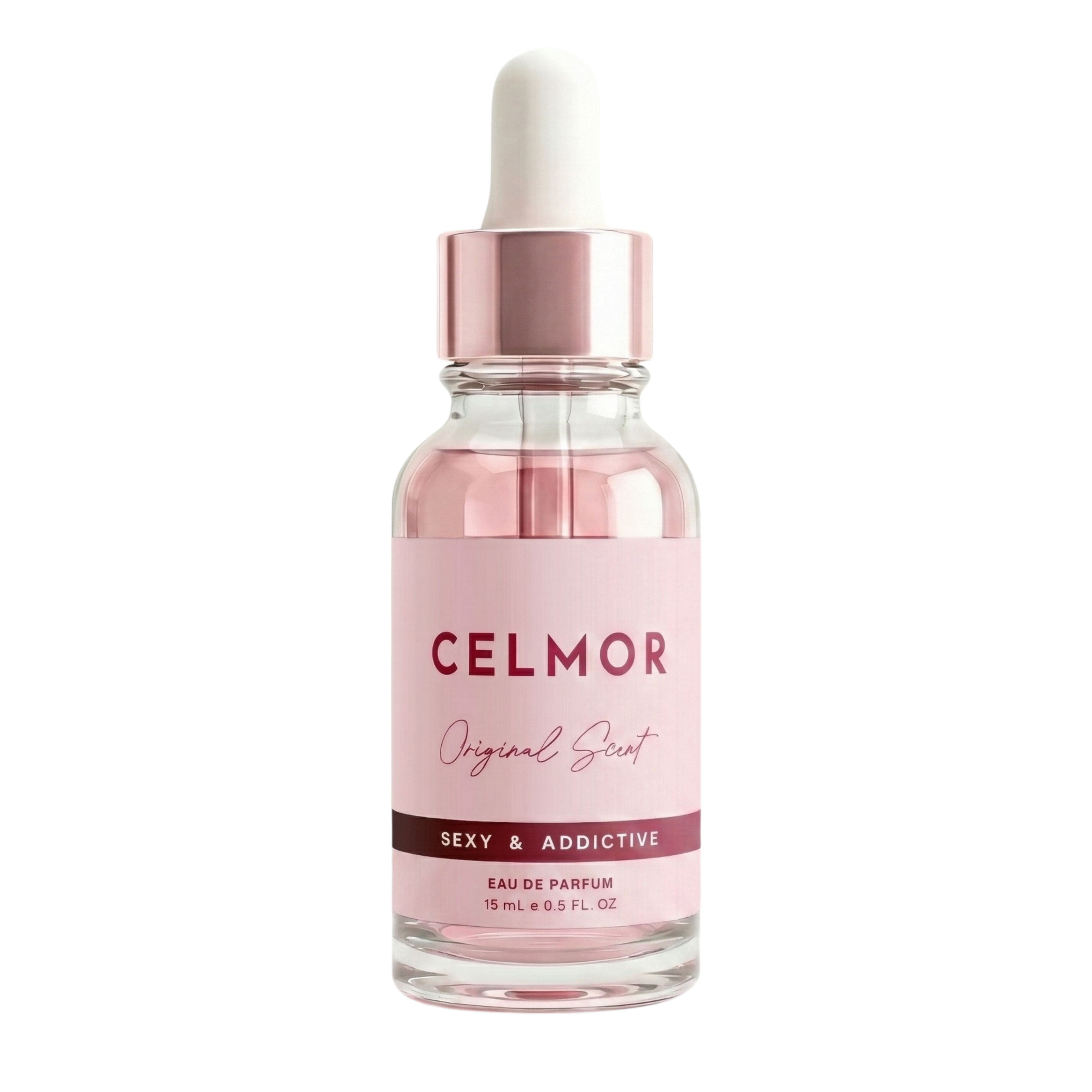 A clear glass dropper bottle of Celmor Original Scent eau de parfum with a pink label.