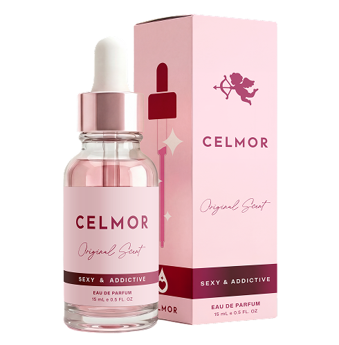 A bottle of Celmor Original Scent eau de parfum with a dropper stands next to its pink packaging.