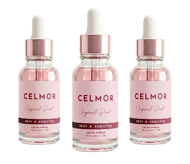 Three identical glass dropper bottles of Celmor Original Scent perfume with pink labels on a white background.