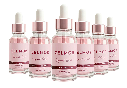 A row of six glass dropper bottles of CELMOR Original Scent perfume against a white background.