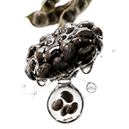 A cluster of black beans and a pod with a clear liquid dripping into a droplet below.