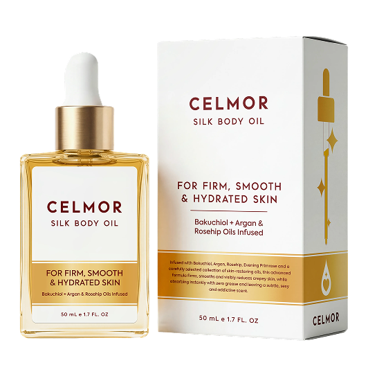 A glass bottle of Celmor Silk Body Oil next to its white and gold packaging box.