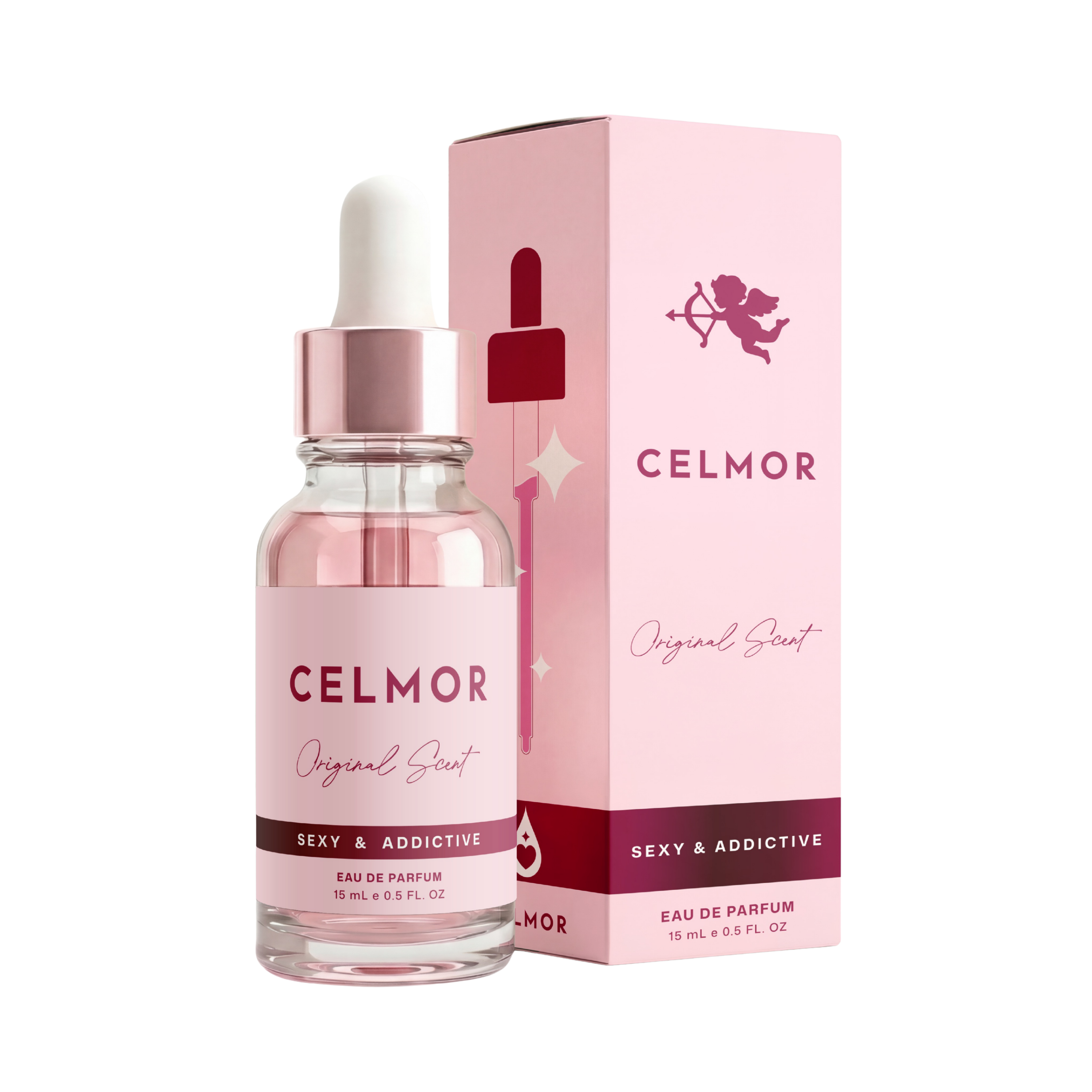 A glass dropper bottle of Celmor Original Scent perfume stands next to its light pink box.