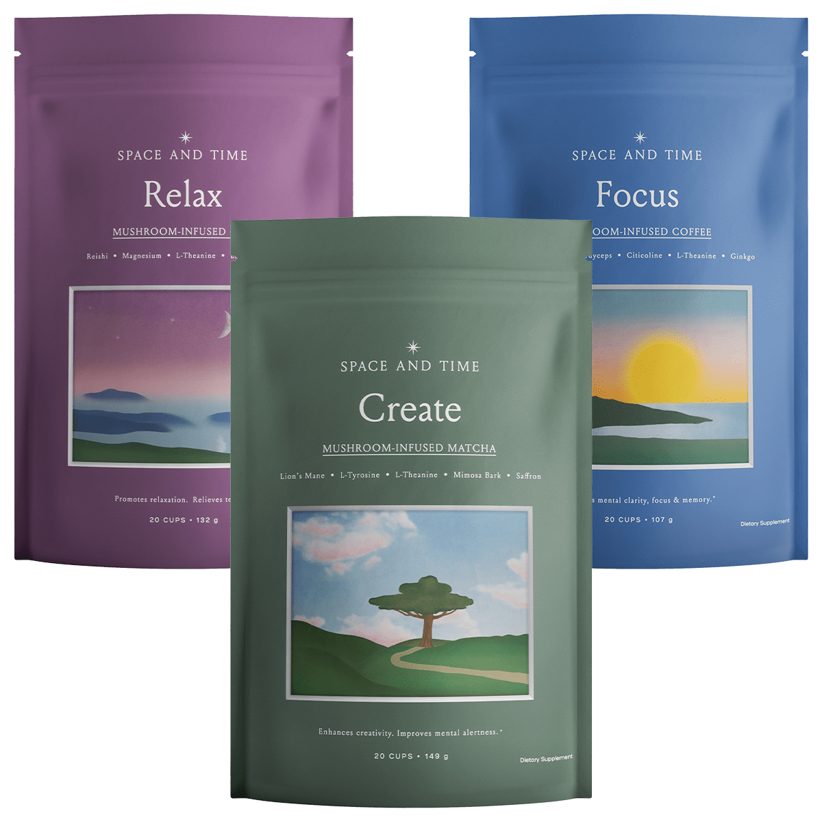Three colorful bags labeled Relax, Create, and Focus with scenic illustrations.