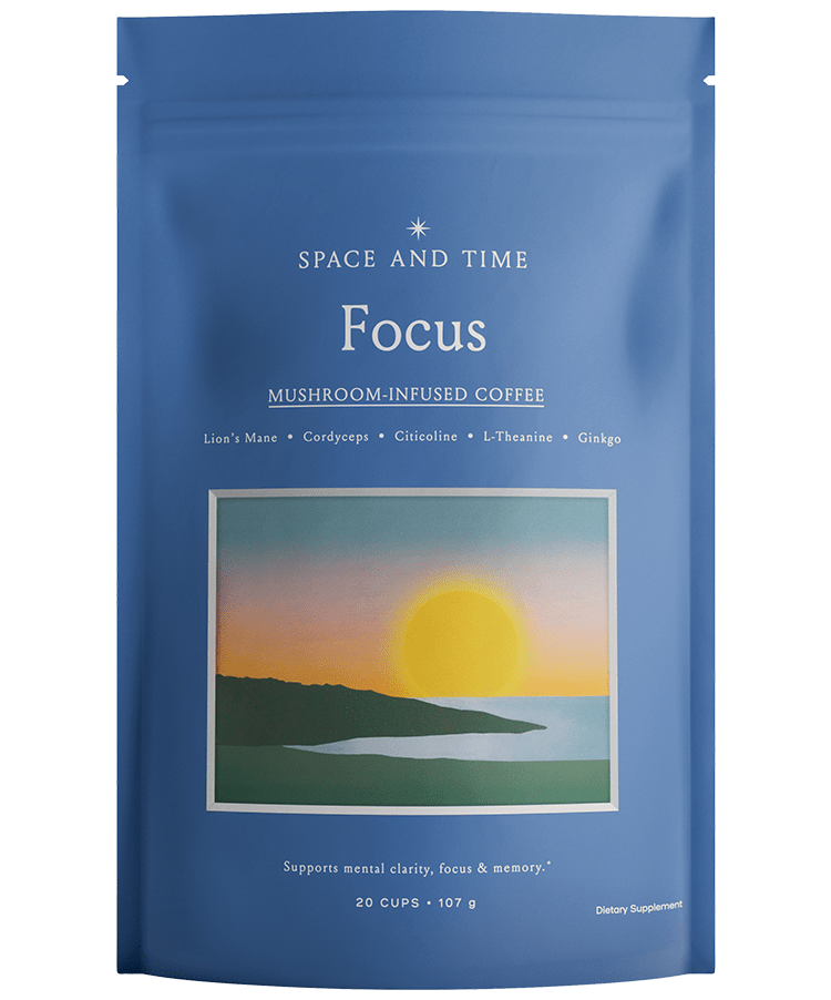 Blue package of mushroom-infused coffee with a sunrise illustration.