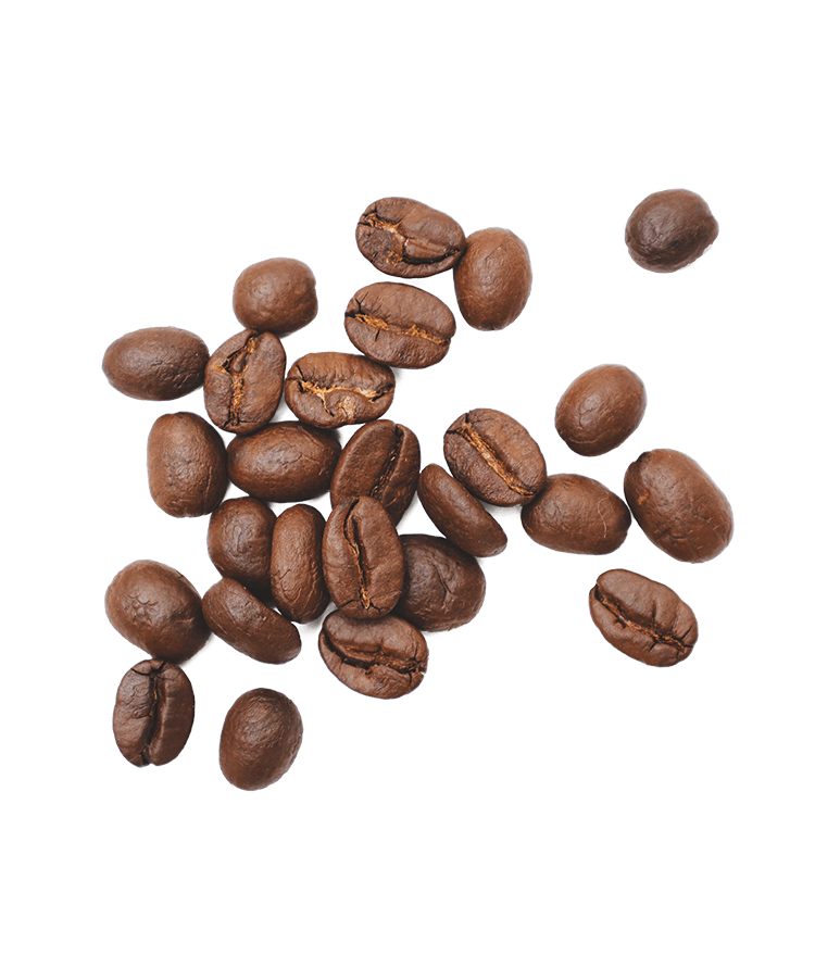 Scattered roasted coffee beans on a green background.