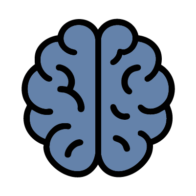 Illustration of a blue brain icon with black outlines.