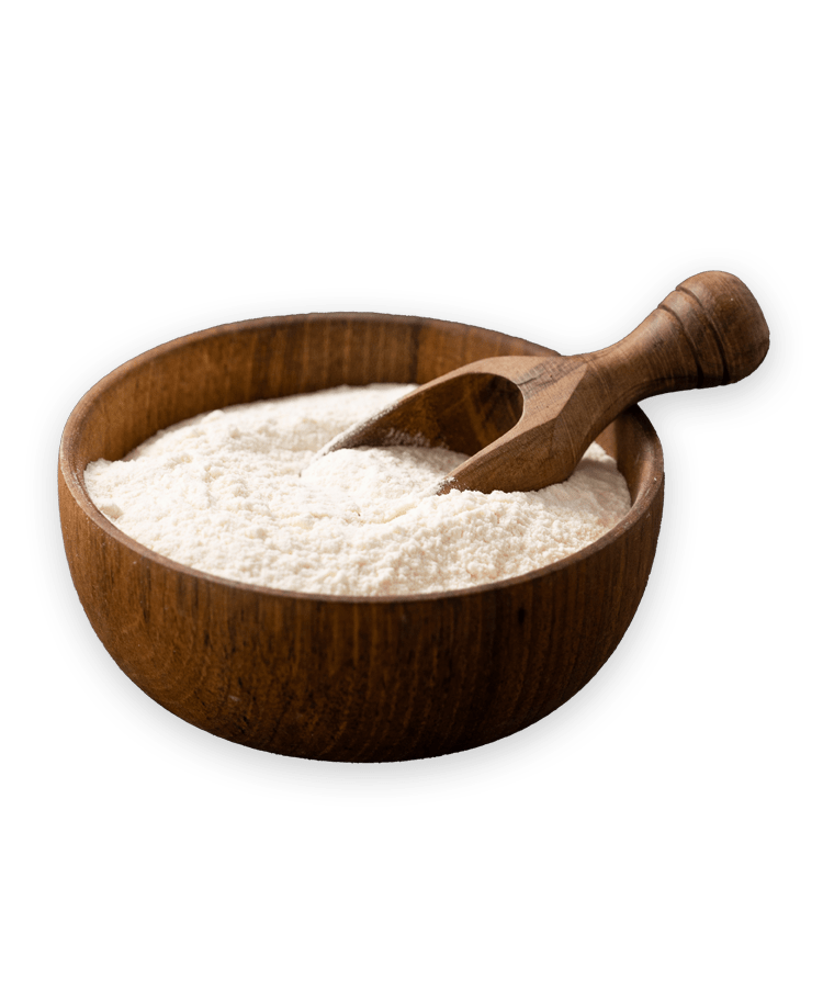 Wooden bowl filled with white powder and a wooden scoop.
