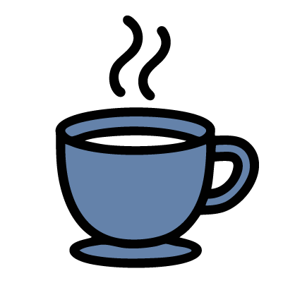 Illustration of a steaming blue coffee cup.