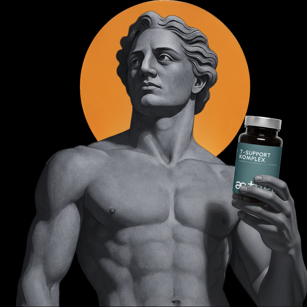Statue-like figure holding a bottle labeled 'T-Support Komplex' against an orange circle background.