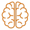 Outline of a brain in orange on a black background.