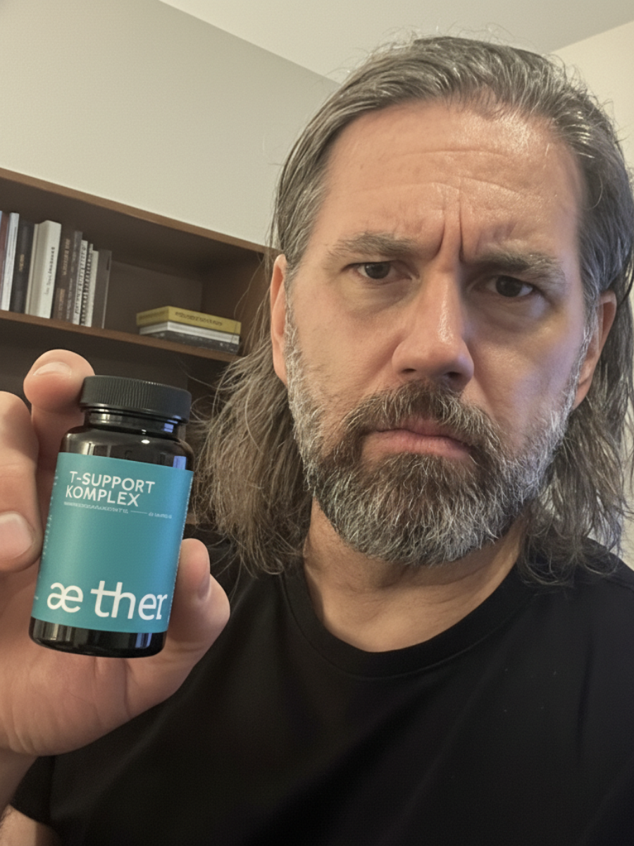 Person holding a bottle labeled 'T-Support Komplex' with bookshelves in the background.
