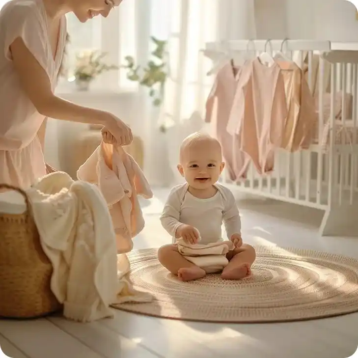 Baby sitting on rug with adult holding clothes in bright nursery.
