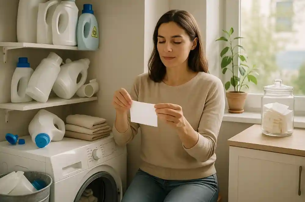 Woman in laundry room reading a piece of paper, surrounded by detergent bottles.