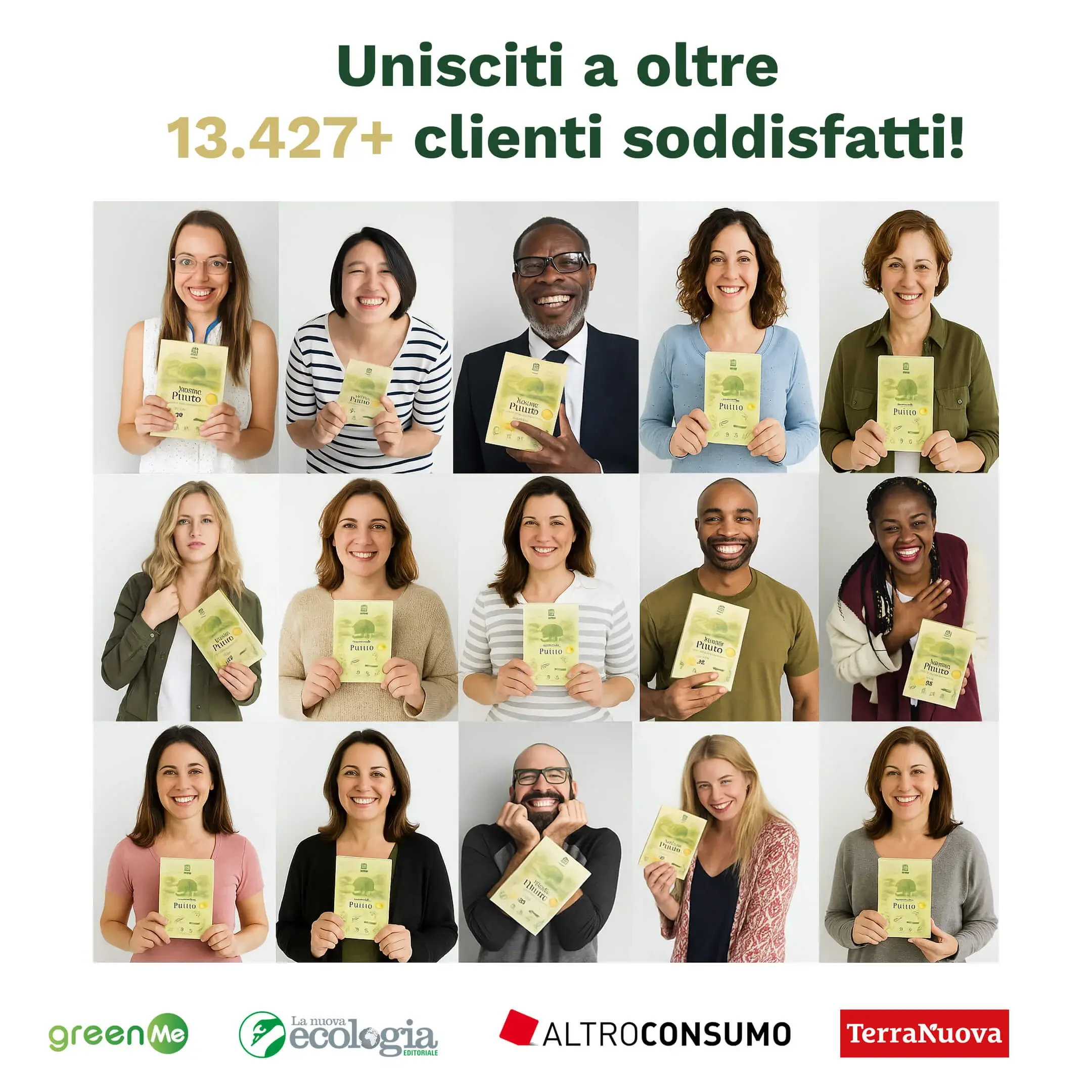 Grid of smiling people holding a product with green packaging.