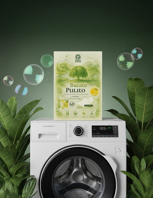 A washing machine with a detergent box on top, surrounded by plants and bubbles.