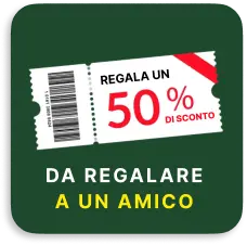 A promotional graphic in Italian for a 50% discount coupon to be given to a friend.