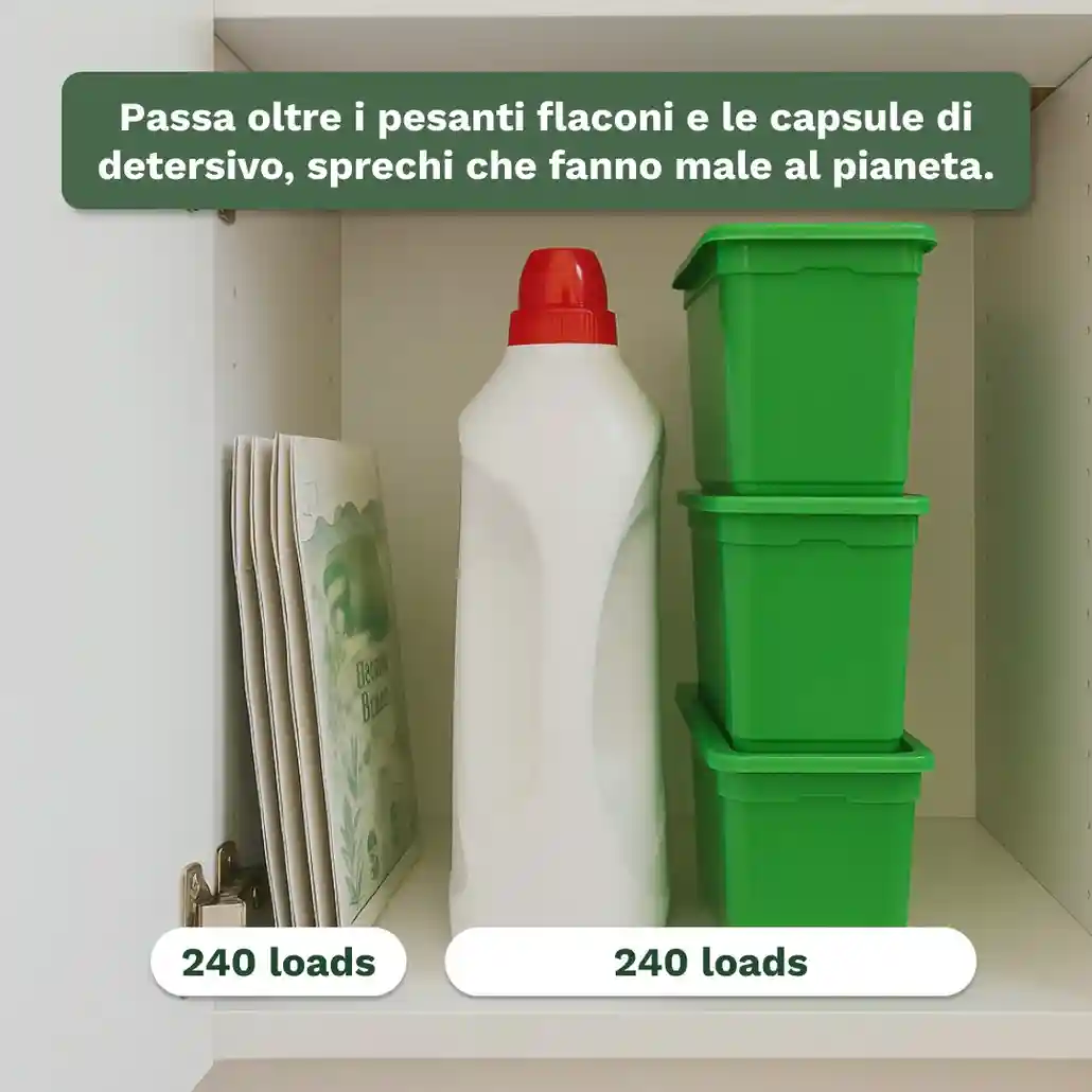 Cabinet with detergent bottle, green containers, and a booklet inside.