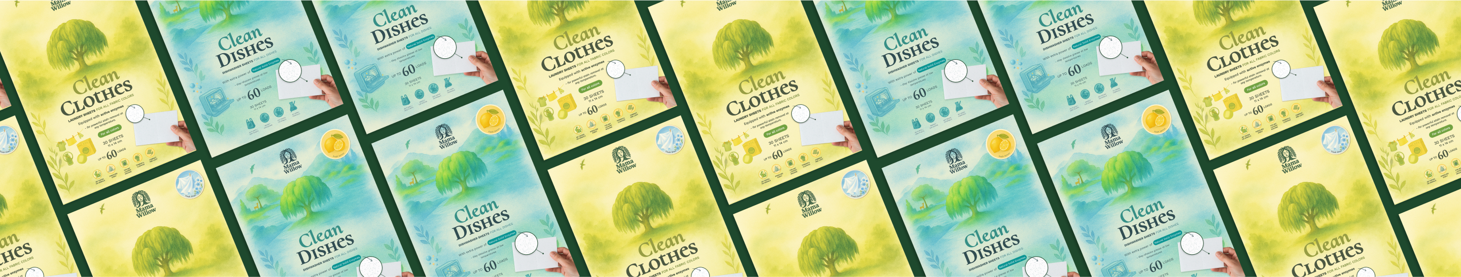Pattern of Clean Clothes and Clean Dishes boxed products.