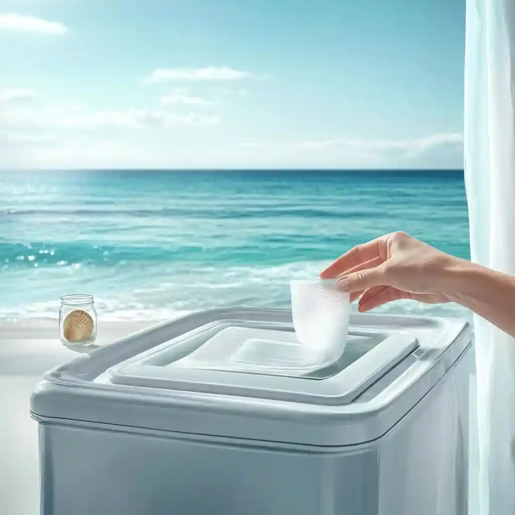 Hand throwing cup into recycling bin on beach, ocean in background.
