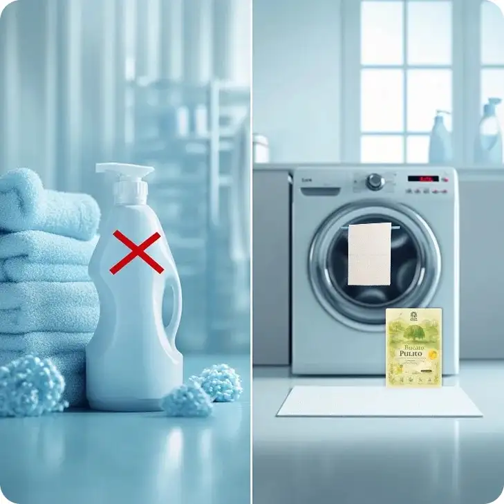 Laundry detergent alternative next to a washing machine and detergent bottle with a red 'X'.