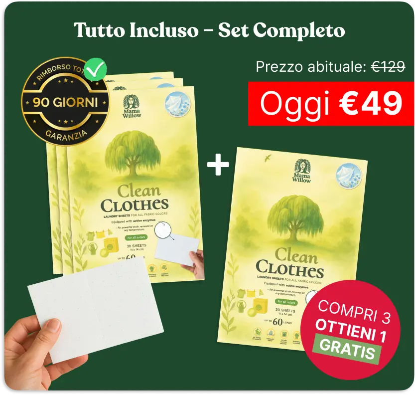 An advertisement in Italian for 'Clean Clothes' laundry sheets, showing product packaging, prices, and special offers.
