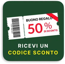 A graphic of a 50% discount gift voucher in Italian on a green background.