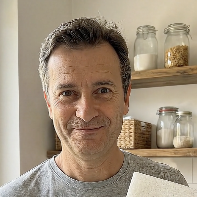 Person holding an item, with kitchen shelves and jars in the background.