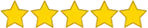 Five gold stars in a horizontal row on a transparent background.
