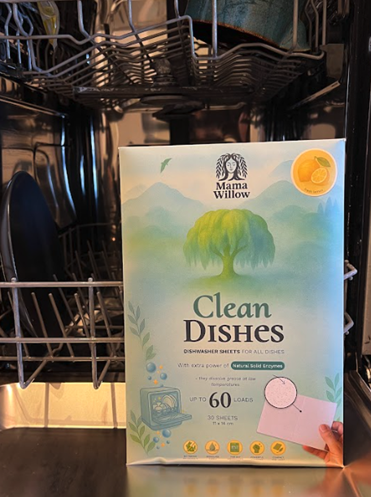Box of Mama Willow dishwasher sheets inside a dishwasher.