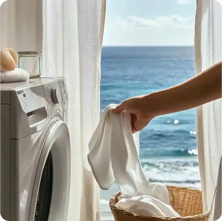 A hand placing white laundry in a basket near a washing machine, ocean view in the background.